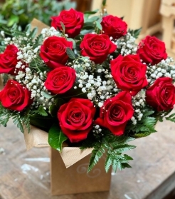 12 Beautiful Large Headed long stem red roses with Gypsophila