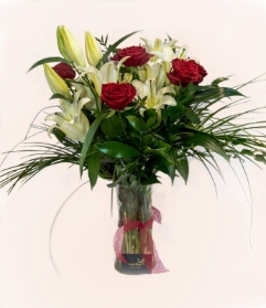 Lily and Rose bouquet with free glass vase